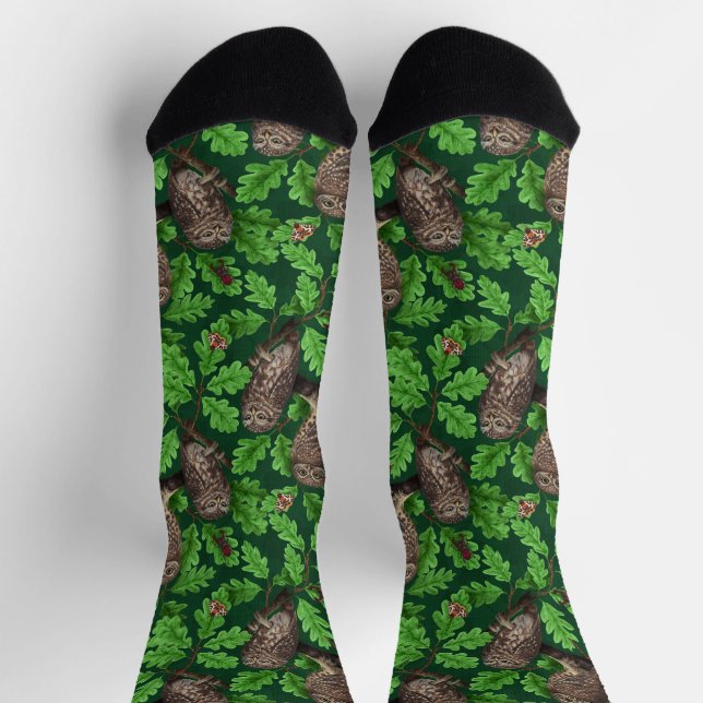 Owls in the forest on dark green socks (Top)