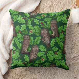 Owls in the forest on dark green throw pillow