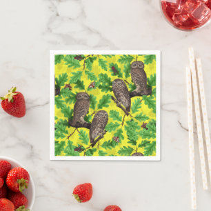 Owls in the Forest on lemon yellow Napkin