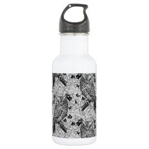 Owls in the oak tree, black and white 532 ml water bottle