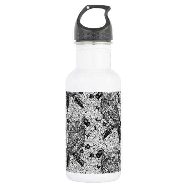 Owls in the oak tree, black and white 532 ml water bottle (Front)