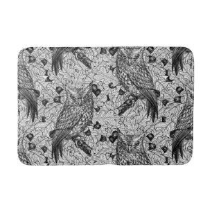 Owls in the oak tree, black and white bath mat