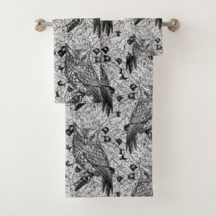 Owls in the oak tree, black and white bath towel set