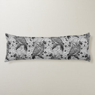 Owls in the oak tree, black and white body pillow