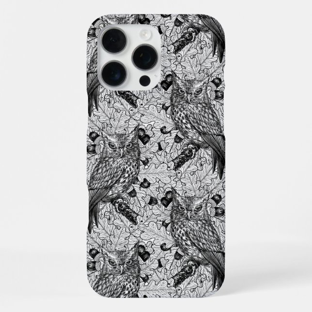 Owls in the oak tree, black and white iPhone case (Back)