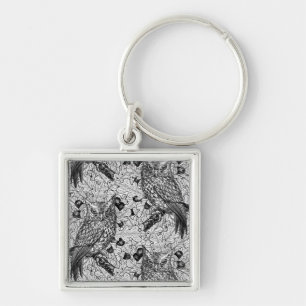 Owls in the oak tree, black and white keychain