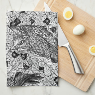 Owls in the oak tree, black and white kitchen towel