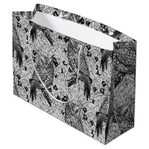 Owls in the oak tree, black and white large gift bag