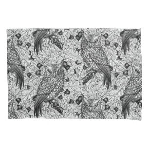 Owls in the oak tree, black and white pillowcase