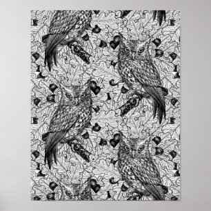 Owls in the oak tree, black and white poster