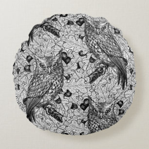 Owls in the oak tree, black and white round pillow