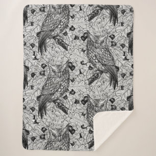 Owls in the oak tree, black and white sherpa blanket