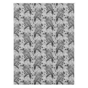 Owls in the oak tree, black and white tablecloth