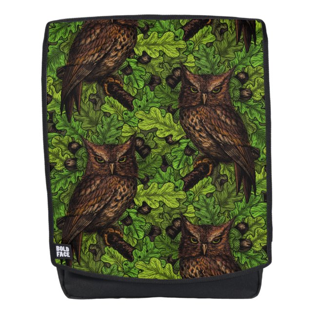Owls in the oak tree, green and brown backpack (Front)
