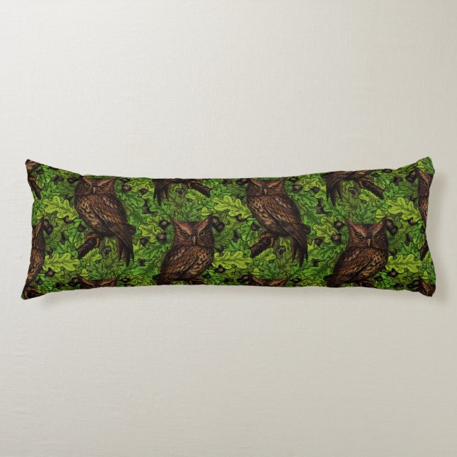 Owls in the oak tree, green and brown body pillow (Front)