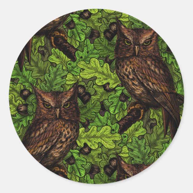 Owls in the oak tree, green and brown classic round sticker (Front)