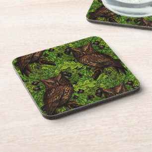 Owls in the oak tree, green and brown coaster
