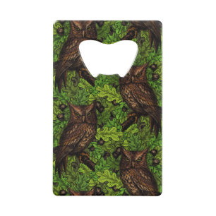 Owls in the oak tree, green and brown credit card bottle opener