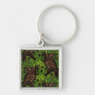 Owls in the oak tree, green and brown keychain