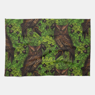 Owls in the oak tree, green and brown kitchen towel