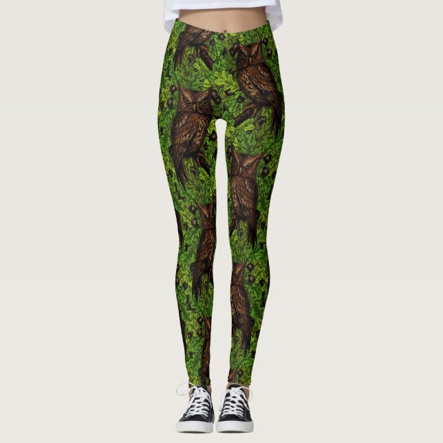 Owls in the oak tree, green and brown leggings (Front)