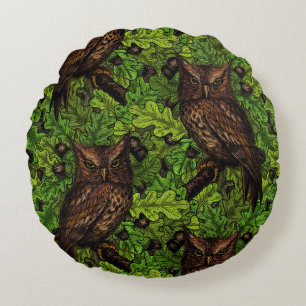 Owls in the oak tree, green and brown round pillow