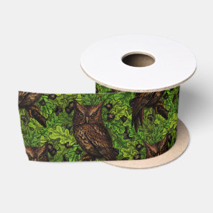 Owls in the oak tree, green and brown satin ribbon