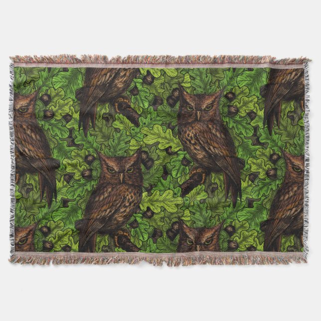 Owls in the oak tree, green and brown throw blanket (Front)