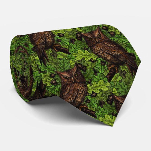 Owls in the oak tree, green and brown tie (Rolled)
