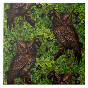 Owls in the oak tree, green and brown tile