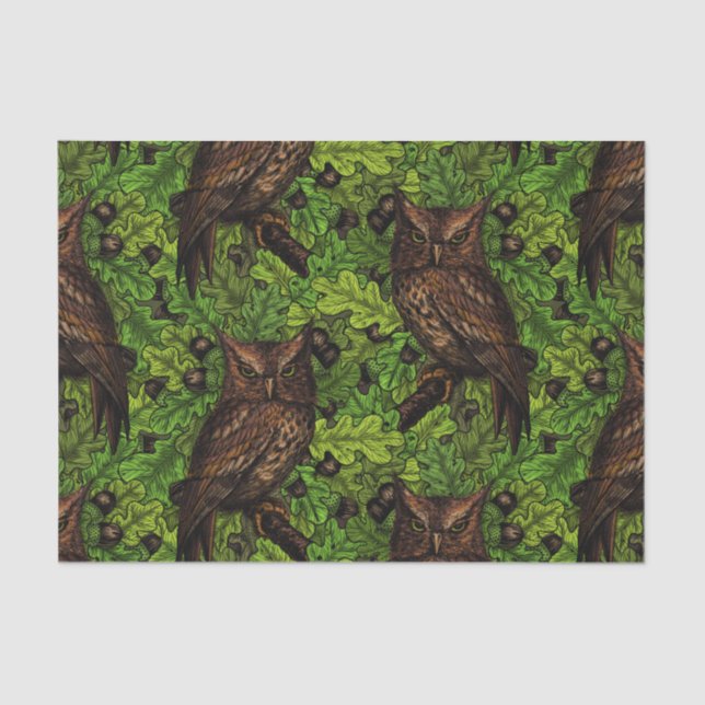 Owls in the oak tree, green and brown tissue paper (Front)