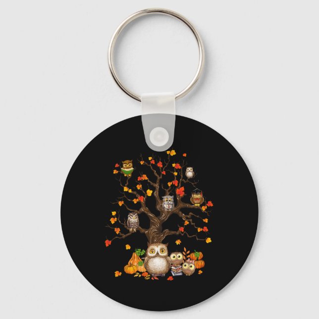 Owls Leaves Tree Fall Autumn Pumpkin Halloween Owl Keychain (Front)