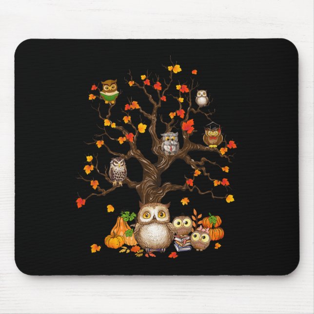 Owls Leaves Tree Fall Autumn Pumpkin Halloween Owl Mouse Pad (Front)