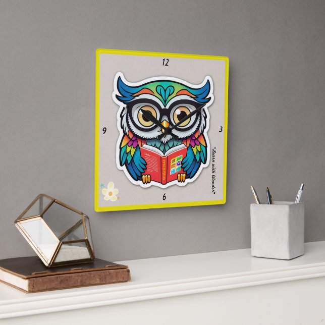 "Owl's Literary Nest" Square Wall Clock (Office)