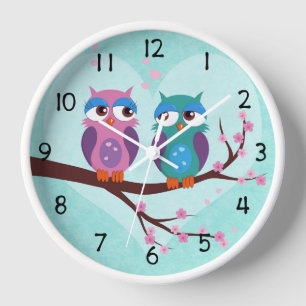 Owls love in spring Cute cartoon light blue Kids Clock