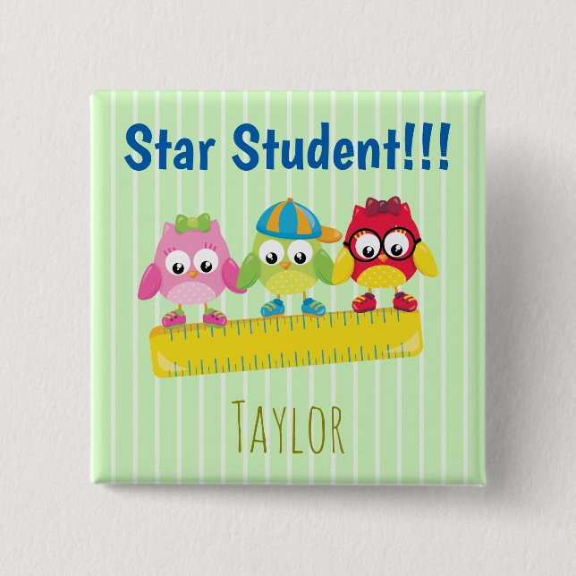 Owls on a Ruler Star Student 2 Inch Square Button (Front)