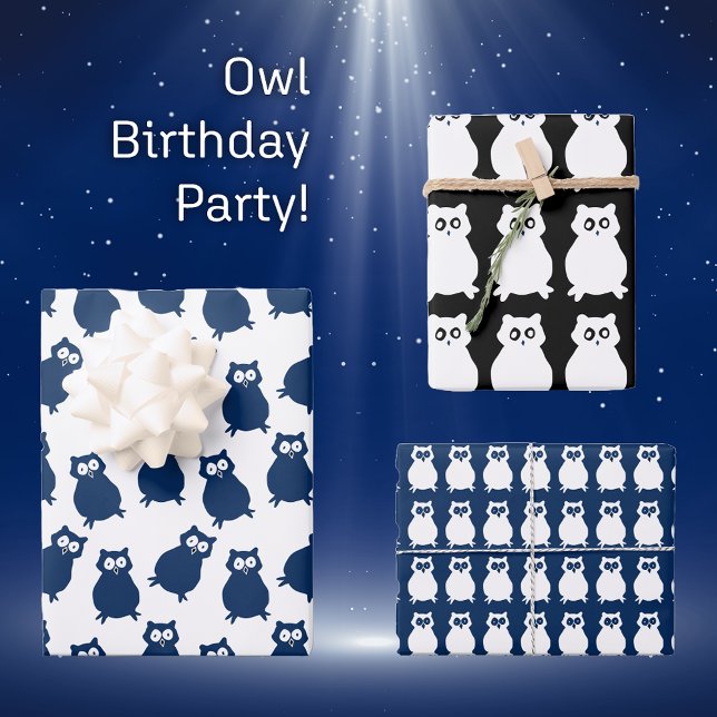 Owls on blue and Black Birthday  Wrapping Paper Sheet (Creator Uploaded)