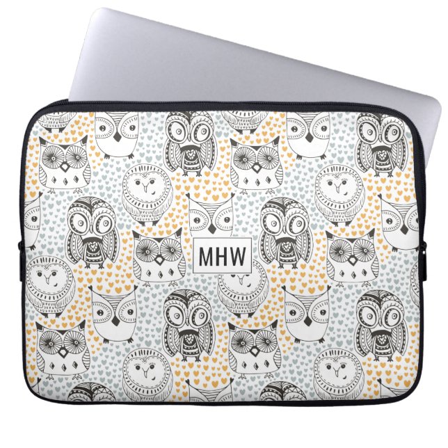 Owls Pattern custom monogram laptop sleeves (Front)
