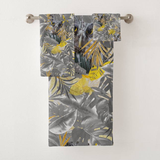 Owls, peeping, through, grey, & yellow, leaves bath towel set (Insitu)
