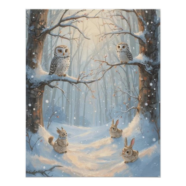 Owls, Rabbits, and Woodland in the Snow Poster (Front)