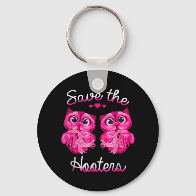 Owls Save A Hooters Pink Ribbon Breast Cancer Gift Keychain (Front)