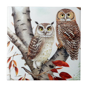  Owls sitting in a White Birch Tree in Autumn Tile