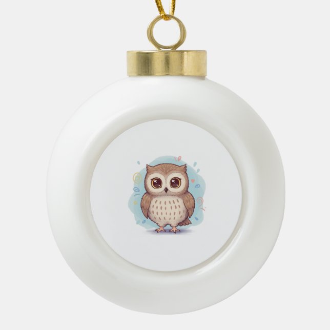 Owls that bring happiness ceramic ball christmas ornament (Front)