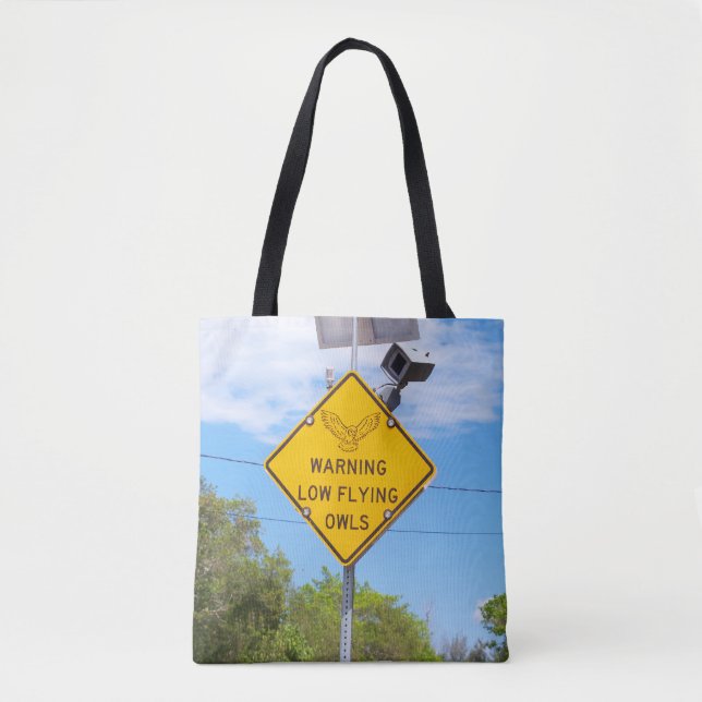 Owls warning sign on an all over printed tote bag (Front)