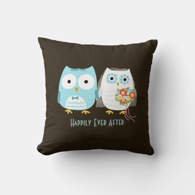 Owls Wedding - Bride and Groom with Custom Text Throw Pillow (Front)