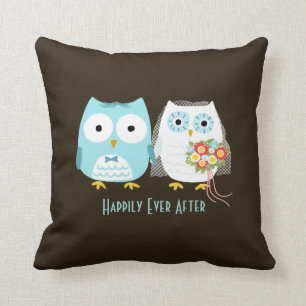 Owls Wedding - Bride and Groom with Custom Text Throw Pillow