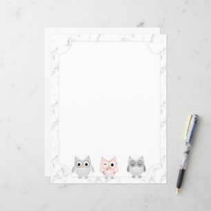 Owls White Marble Look Bordered Writing Paper