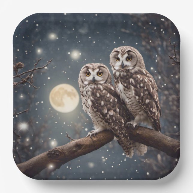 Owls With Full Moon Paper Plate (Front)