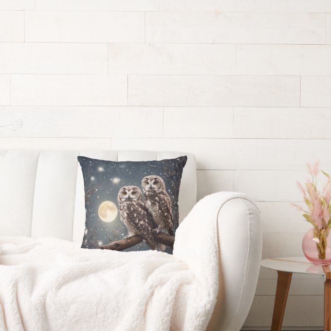 Owls With Full Moon Throw Pillow (Couch)