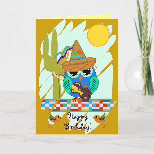 Owls with guitars & custom Text Birthday card (Front)